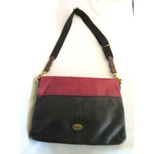 Vtg. FOSSIL Explorer Leather Tote Crossbody Shoulder Bag Black/Mauve